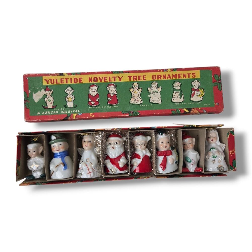 Vintage Yuletide Tree Ornaments Christmas Bells Pixies Santa Angels Snowman